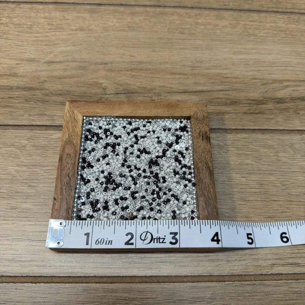 Boho Wooden Square Coasters Black White Glass Bead Mosaic Inlay Set of 4 MCM